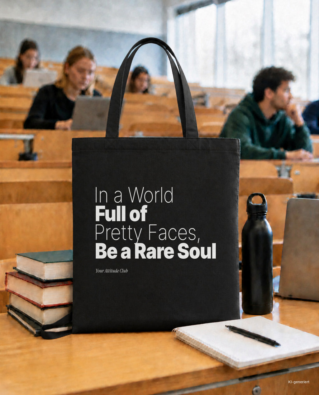 In a World Full of Pretty Faces, Be a Rare Soul – Stoffbeutel mit Spruch schwarz mit weißem Aufdruck, in der Uni