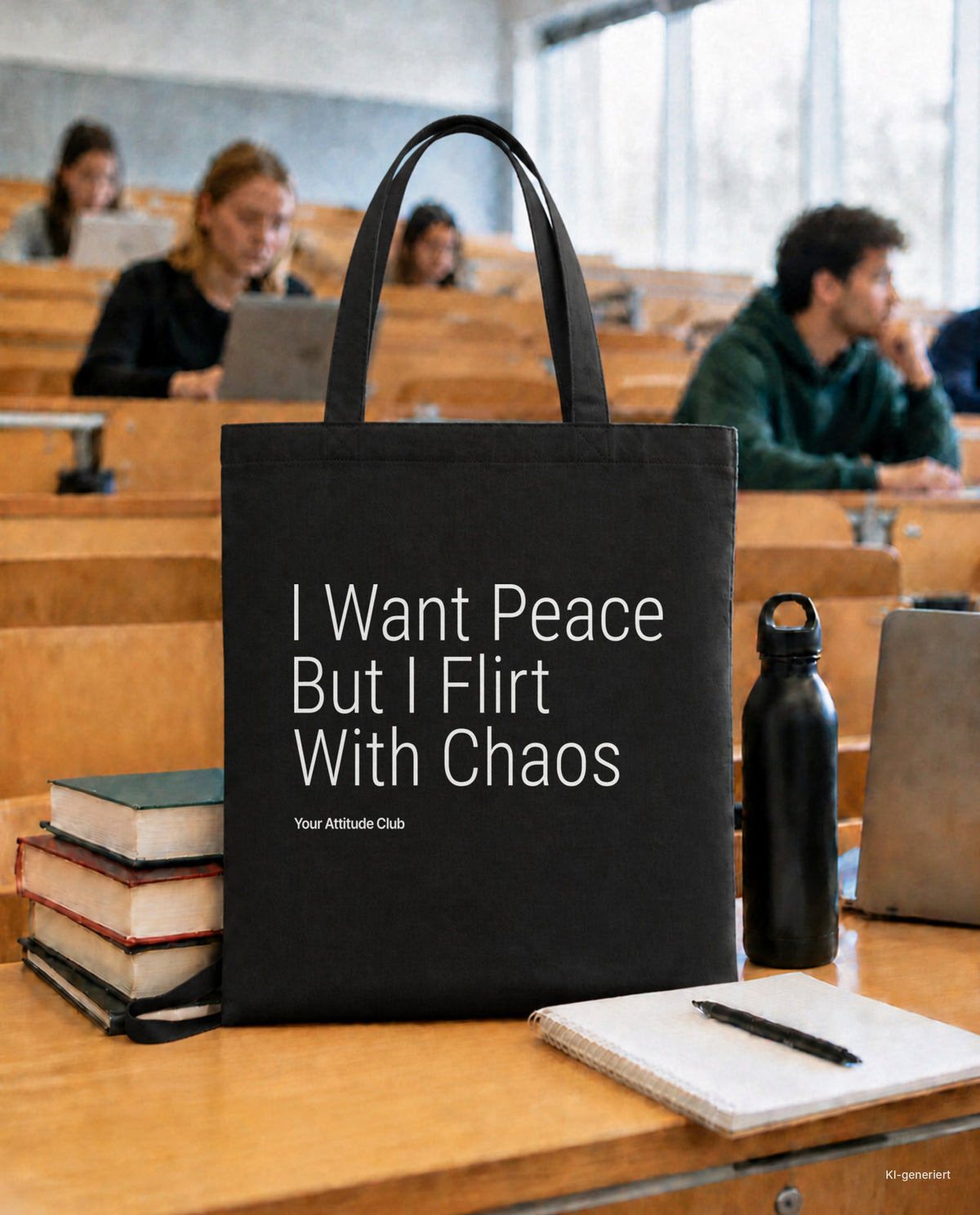 I Want Peace But I Flirt With Chaos – Stoffbeutel mit Spruch schwarz mit weißem Aufdruck, in der Uni