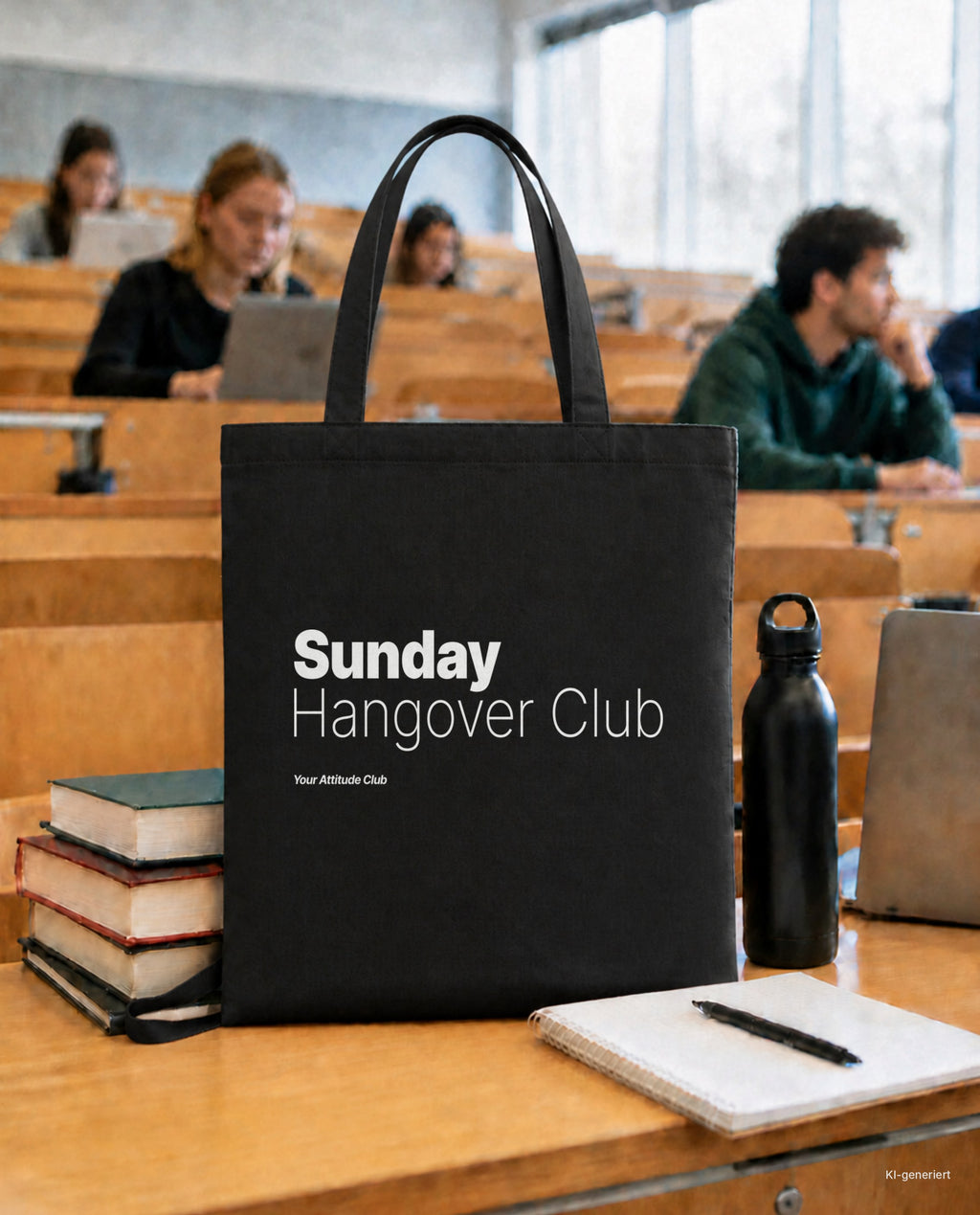 Sunday Hangover Club – Stoffbeutel mit Spruch schwarz mit weißem Aufdruck, in der Uni