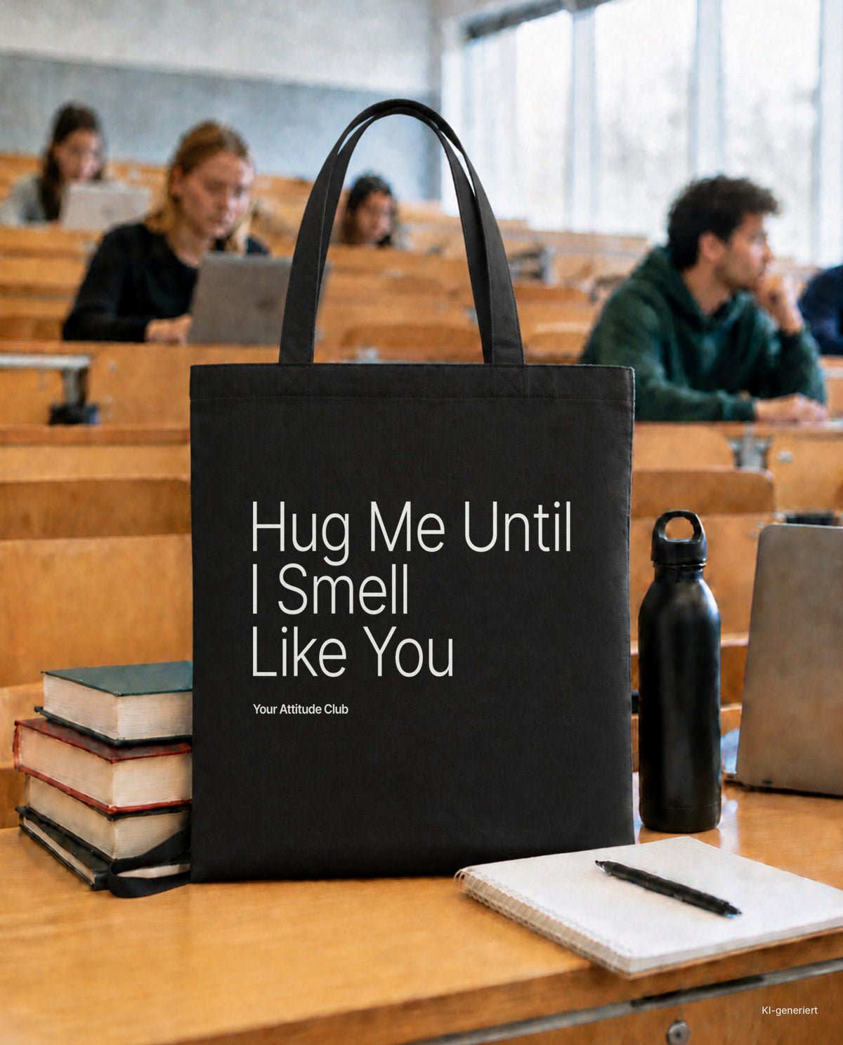 Hug Me Until I Smell Like You – Stoffbeutel mit Spruch schwarz mit weißem Aufdruck, in der Uni