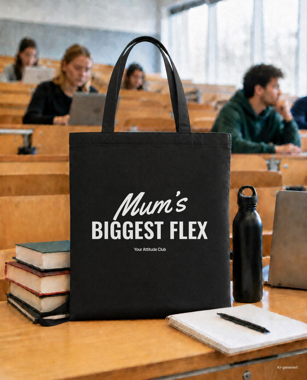 Mum’s Biggest Flex – Stoffbeutel mit Spruch schwarz mit weißem Aufdruck, in der Uni