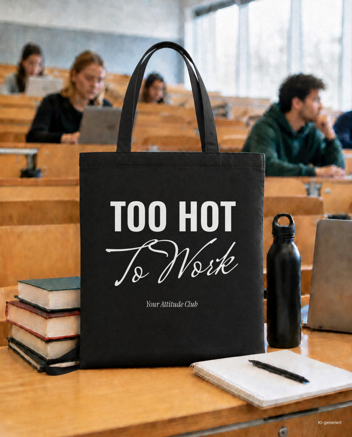 Too Hot To Work – Stoffbeutel mit Spruch schwarz mit weißem Aufdruck, in der Uni