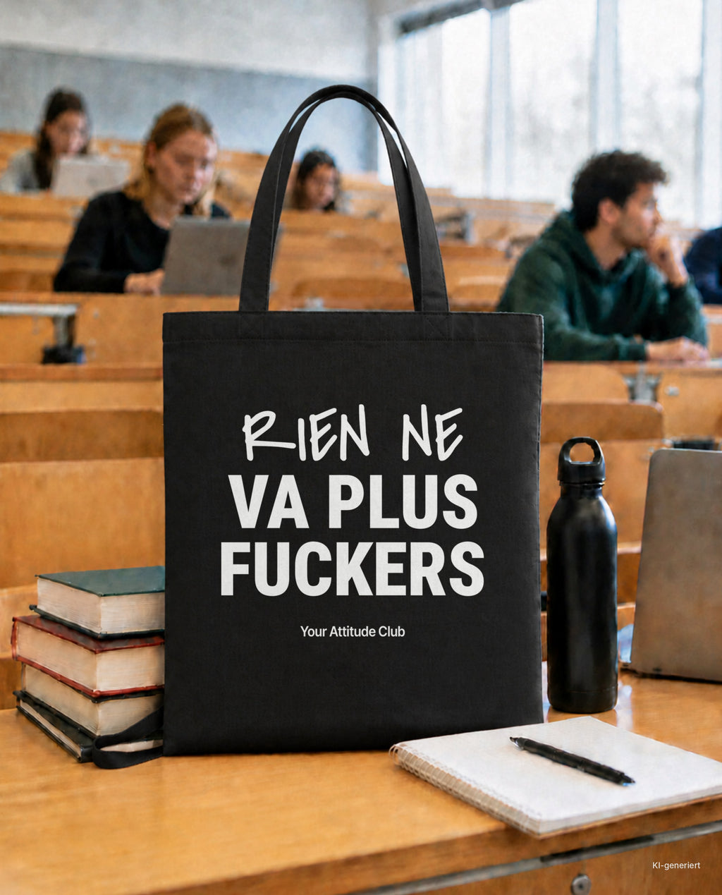 Rien Ne Va Plus Fuckers – Stoffbeutel mit Spruch schwarz mit weißem Aufdruck, in der Uni