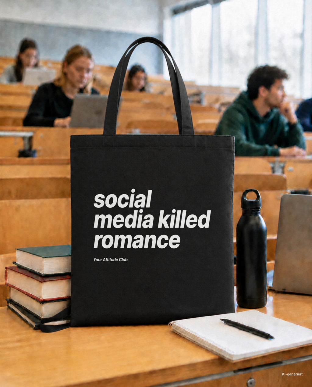 Social Media Killed Romance – Stoffbeutel mit Spruch schwarz mit weißem Aufdruck, in der Uni