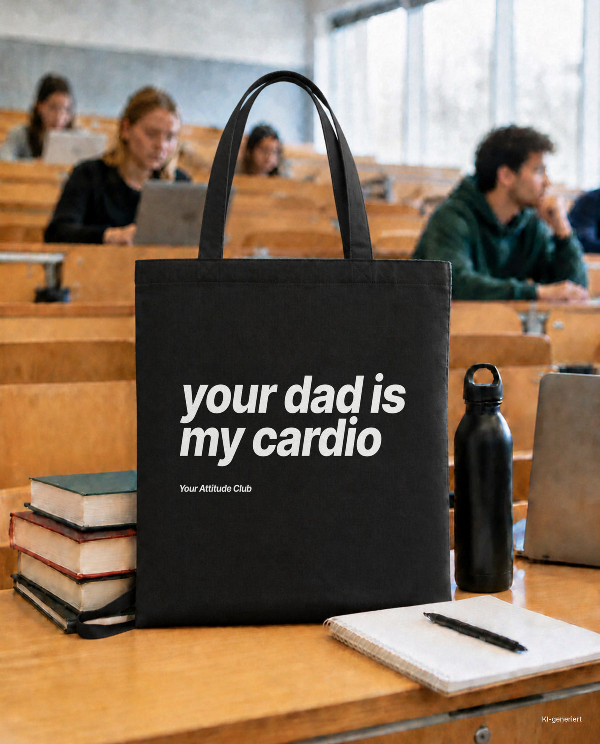 Your Dad Is My Cardio – Stoffbeutel mit Spruch schwarz mit weißem Aufdruck, in der Uni