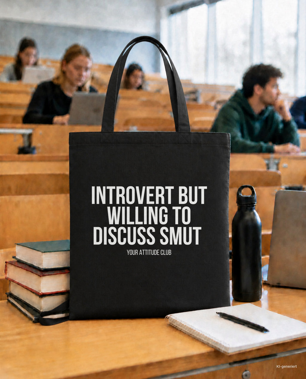 Introvert but willing to discuss smut – Stoffbeutel mit Spruch schwarz mit weißem Aufdruck, in der Uni