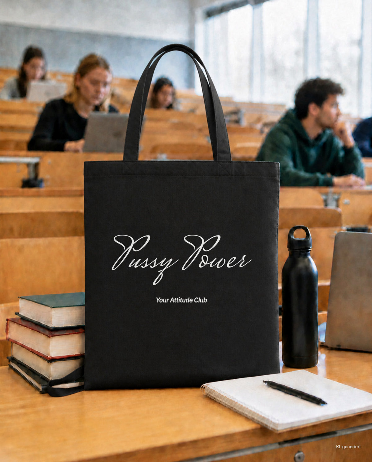 Pussy Power – Stoffbeutel mit Spruch schwarz mit weißem Aufdruck, in der Uni