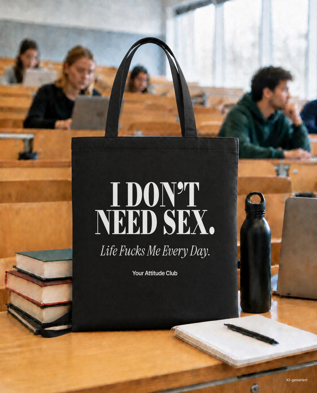 I Don’t Need Sex. Life Fucks Me Every Day – Stoffbeutel mit Spruch schwarz mit weißem Aufdruck, in der Uni