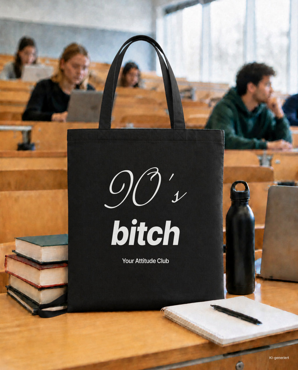90's Bitch – Stoffbeutel mit Spruch schwarz mit weißem Aufdruck, in der Uni