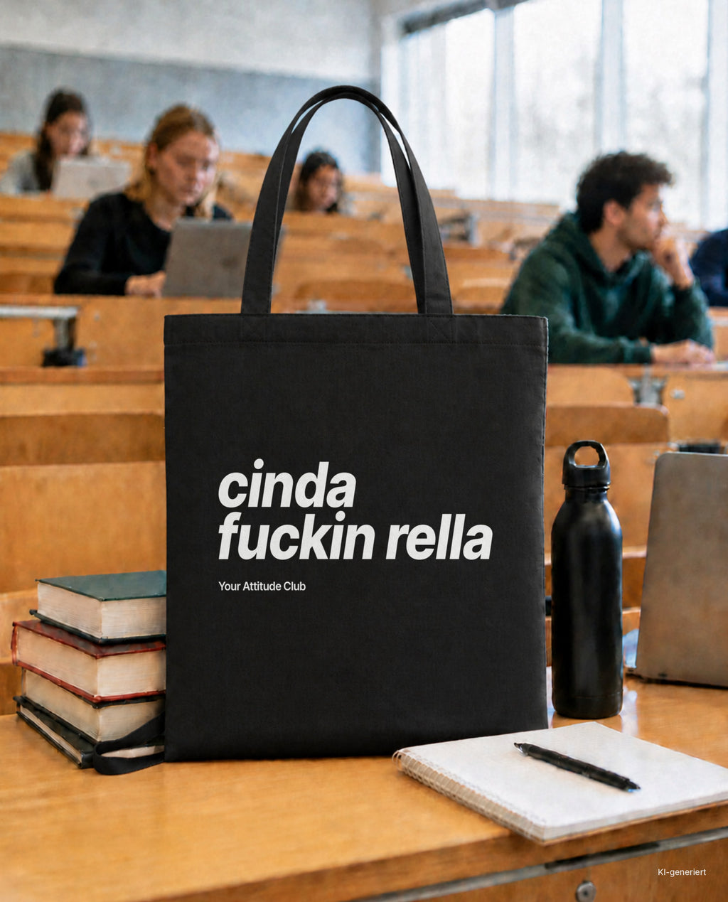Cinda Fuckin Rella – Stoffbeutel mit Spruch schwarz mit weißem Aufdruck, in der Uni
