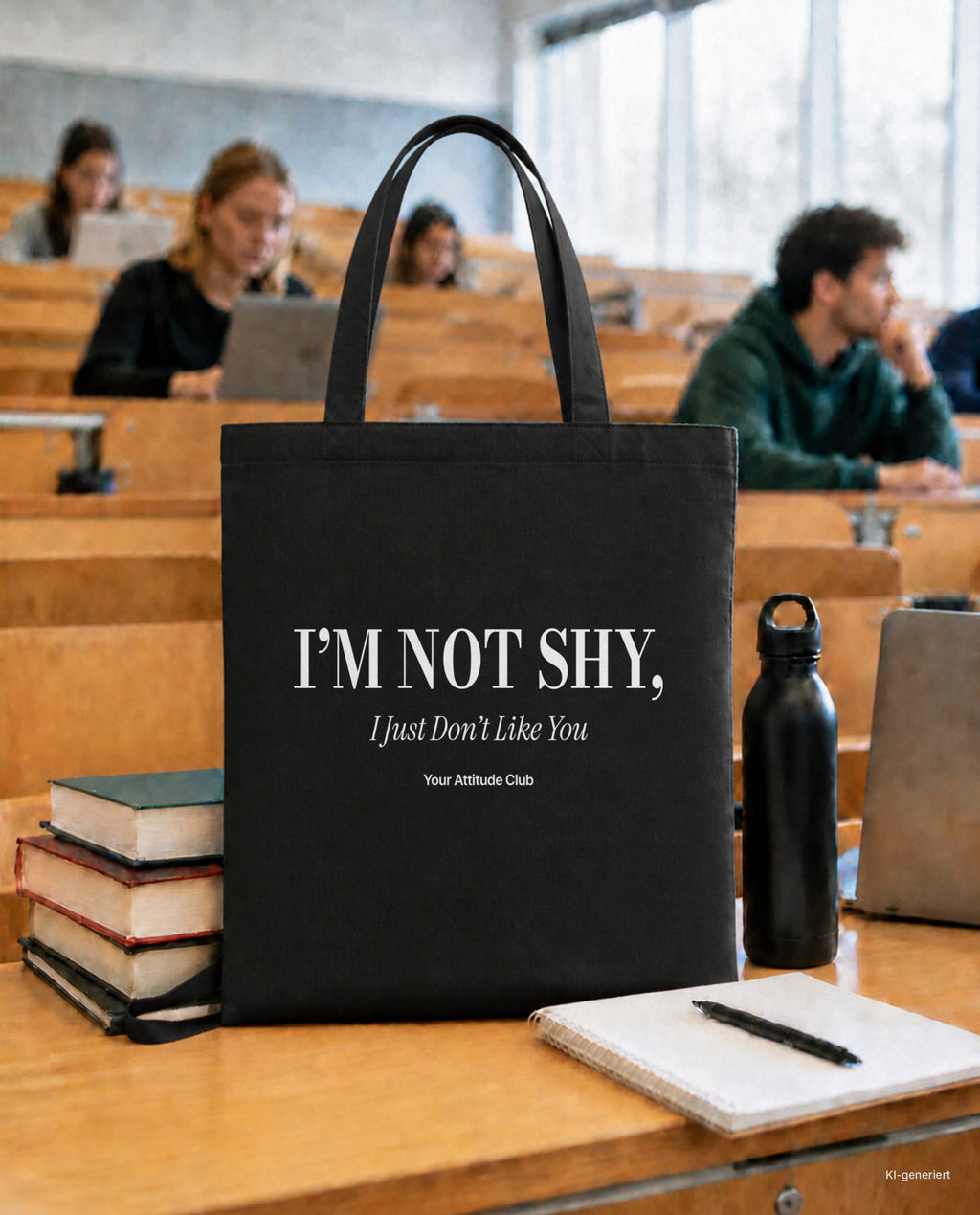 I’m Not Shy, I Just Don’t Like You – Stoffbeutel mit Spruch schwarz mit weißem Aufdruck, in der Uni