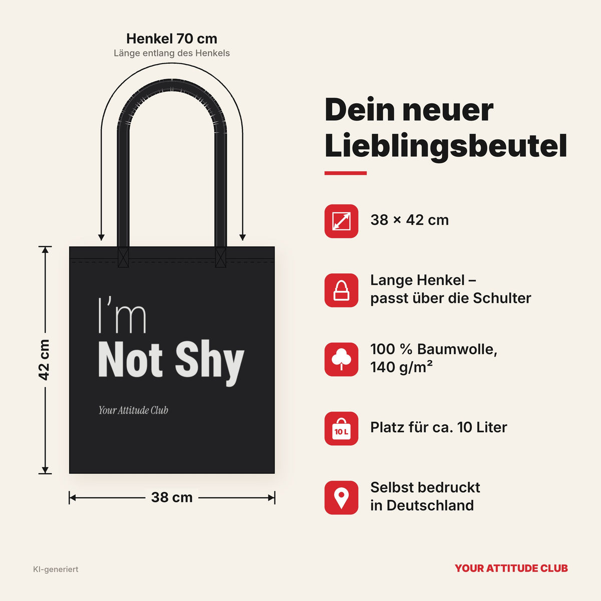 I’m Not Shy – Stoffbeutel mit Spruch schwarz mit weißem Aufdruck, Maße 38 × 42 cm, Henkel 70 cm