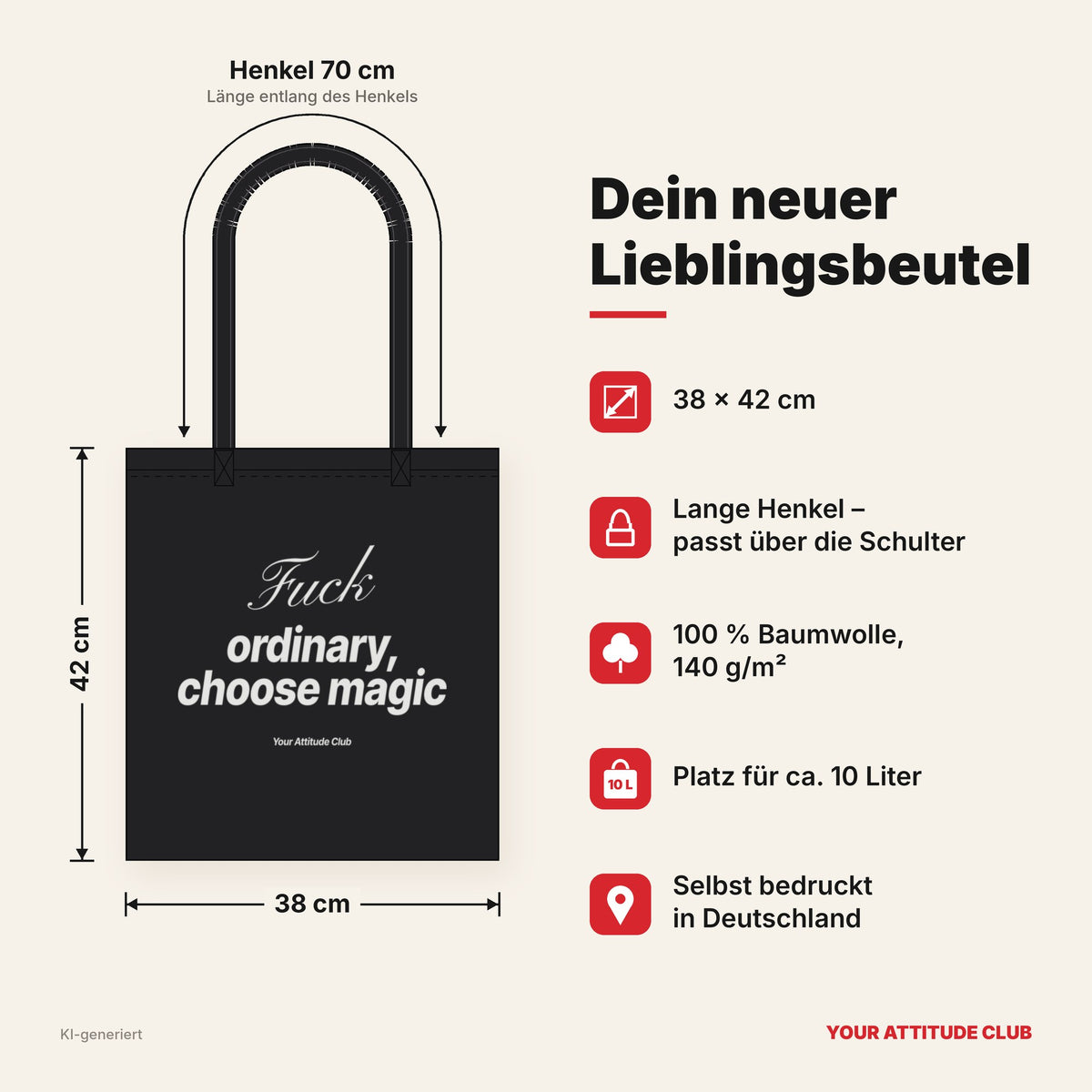 Fuck Ordinary, Choose Magic – Stoffbeutel mit Spruch schwarz mit weißem Aufdruck, Maße 38 × 42 cm, Henkel 70 cm
