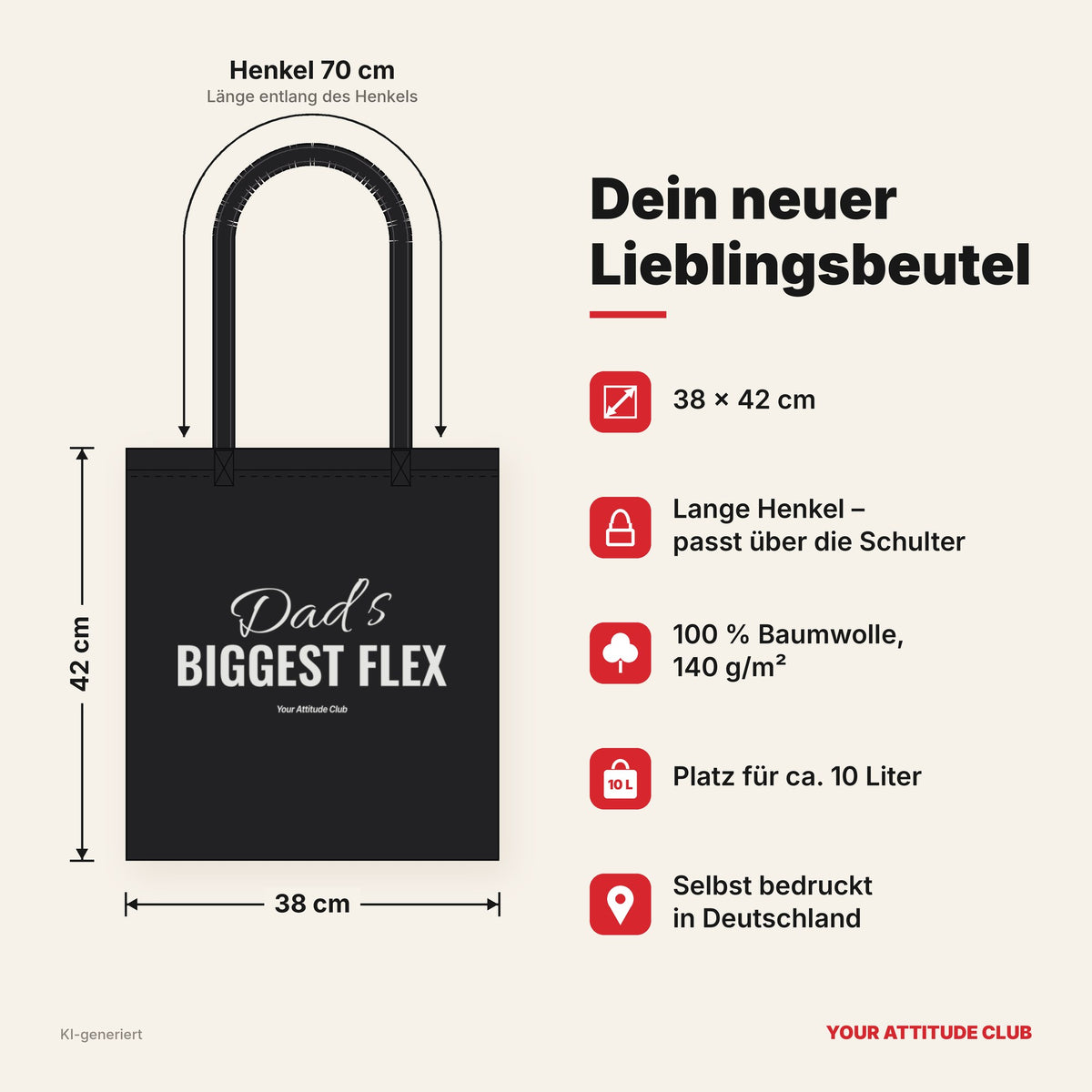 Dad’s Biggest Flex – Stoffbeutel mit Spruch schwarz mit weißem Aufdruck, Maße 38 × 42 cm, Henkel 70 cm