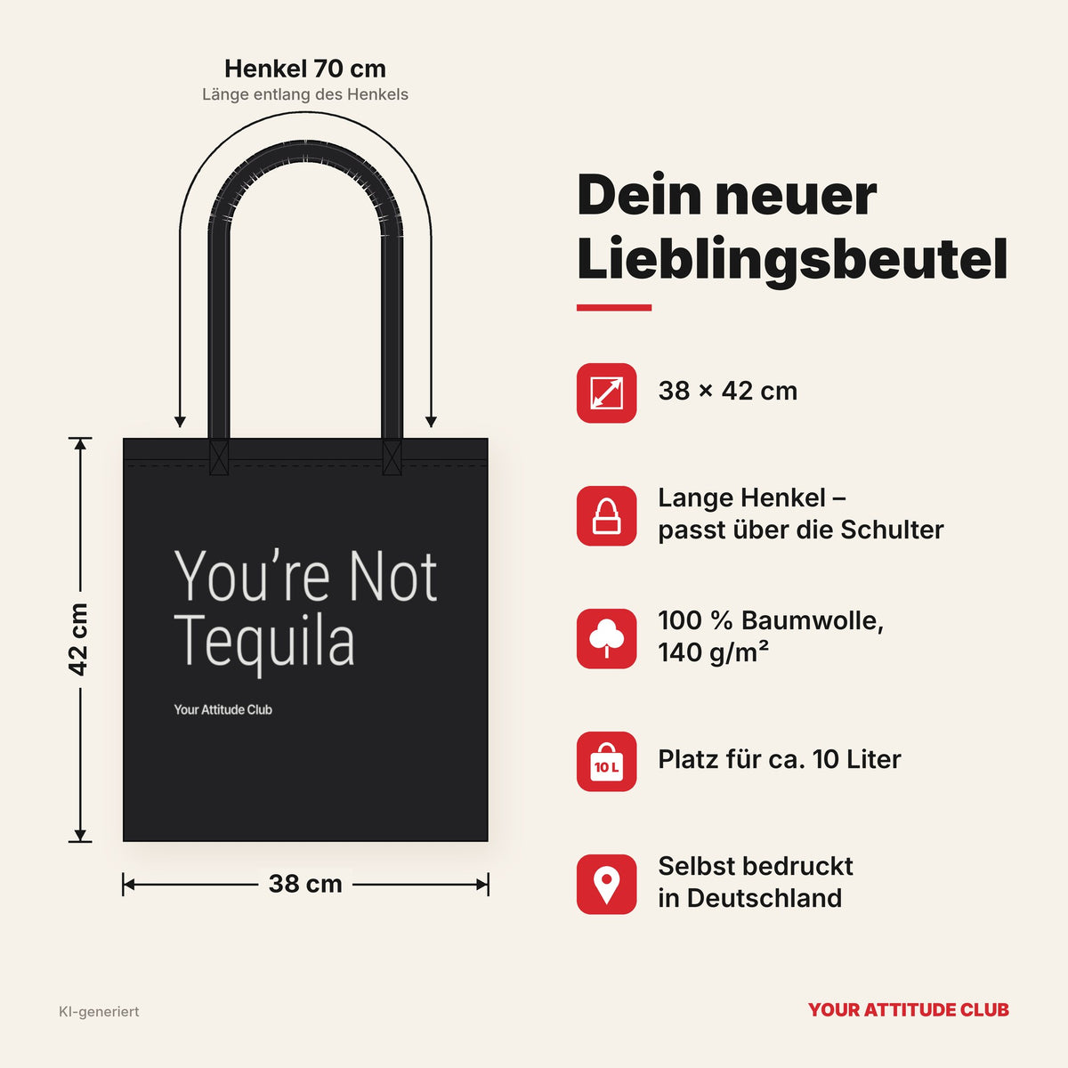 You’re Not Tequila – Stoffbeutel mit Spruch schwarz mit weißem Aufdruck, Maße 38 × 42 cm, Henkel 70 cm