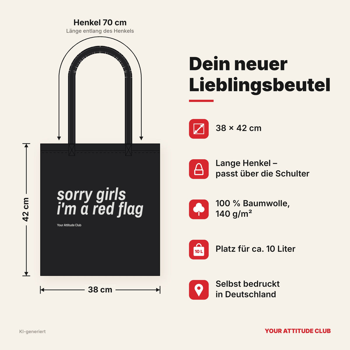 Sorry Girls I'm A Red Flag – Stoffbeutel mit Spruch schwarz mit weißem Aufdruck, Maße 38 × 42 cm, Henkel 70 cm