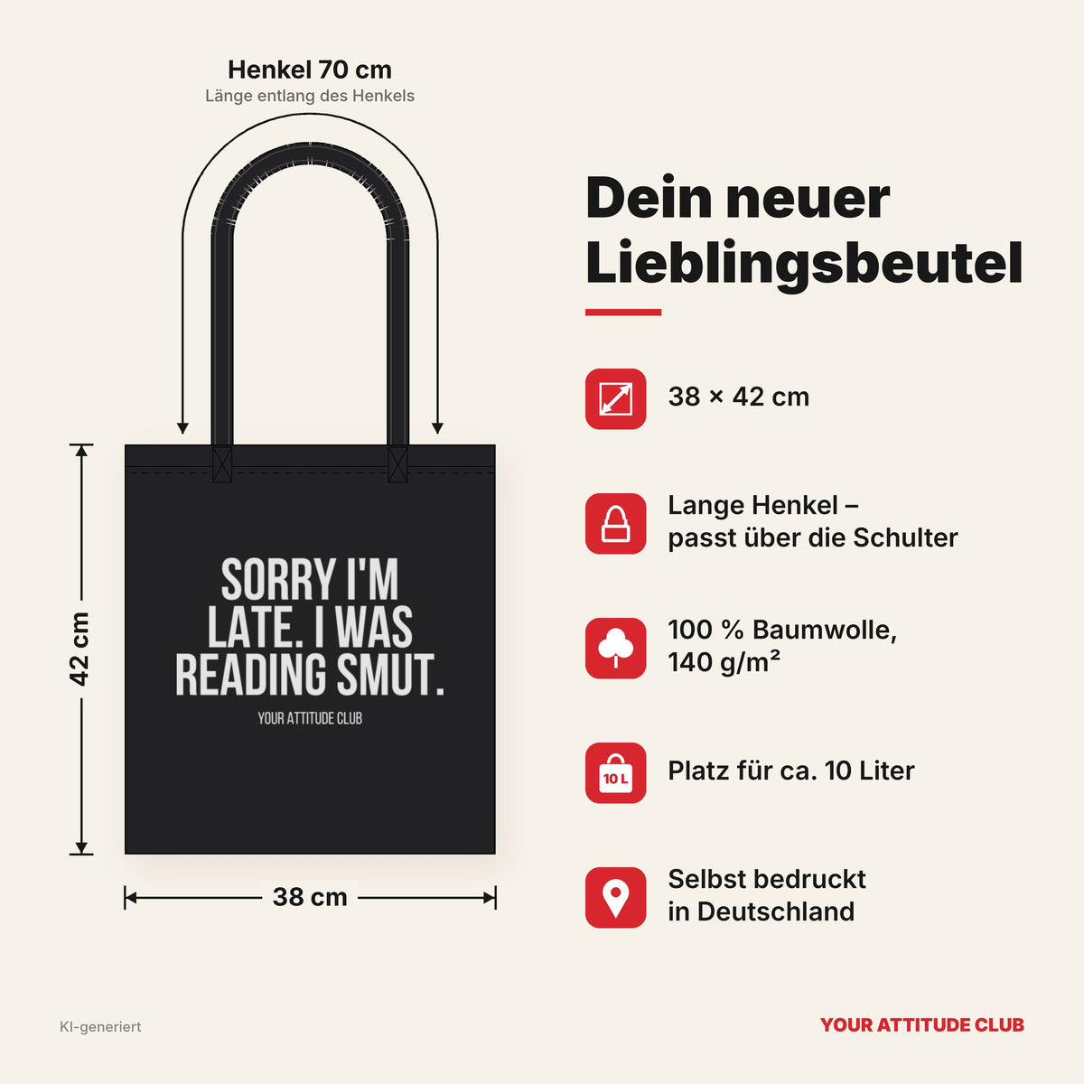 Sorry I'm late. I was reading smut. – Stoffbeutel mit Spruch schwarz mit weißem Aufdruck, Maße 38 × 42 cm, Henkel 70 cm