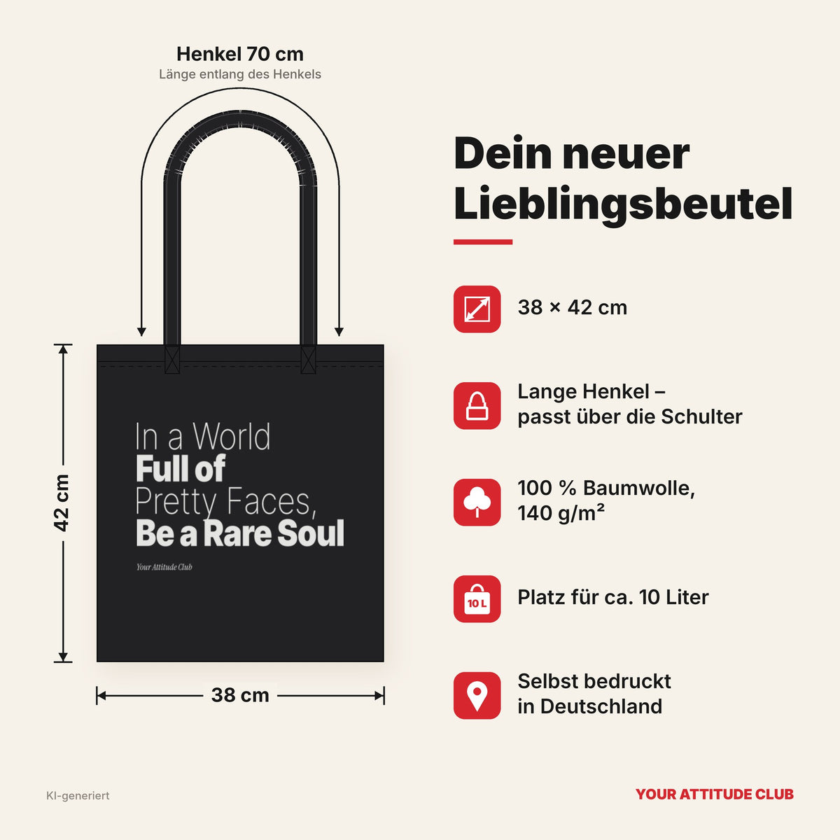 In a World Full of Pretty Faces, Be a Rare Soul – Stoffbeutel mit Spruch schwarz mit weißem Aufdruck, Maße 38 × 42 cm, Henkel 70 cm
