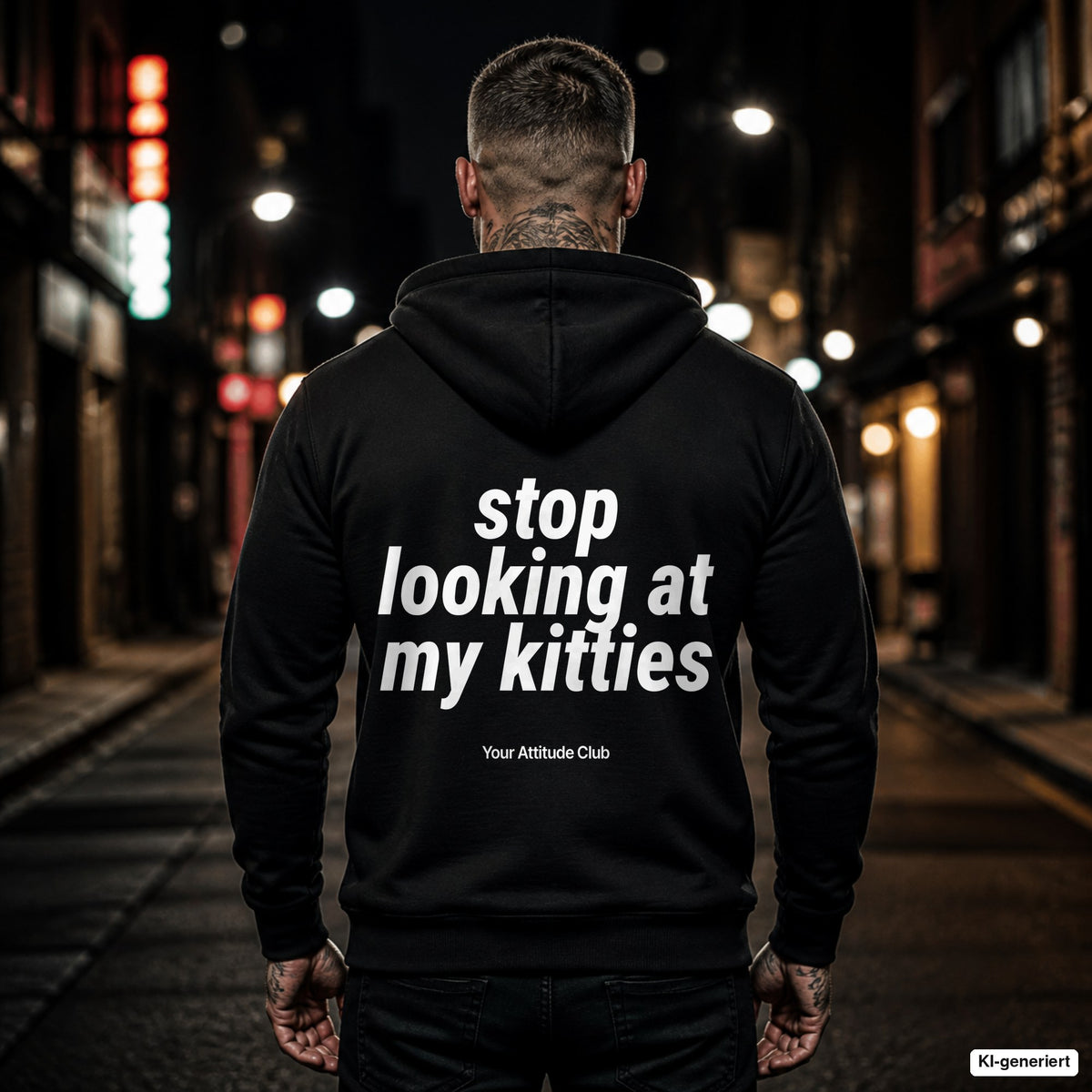 Stop Looking At My Kitties – schwarzer Hoodie mit weißem Backprint, Herren in der Stadt bei Nacht