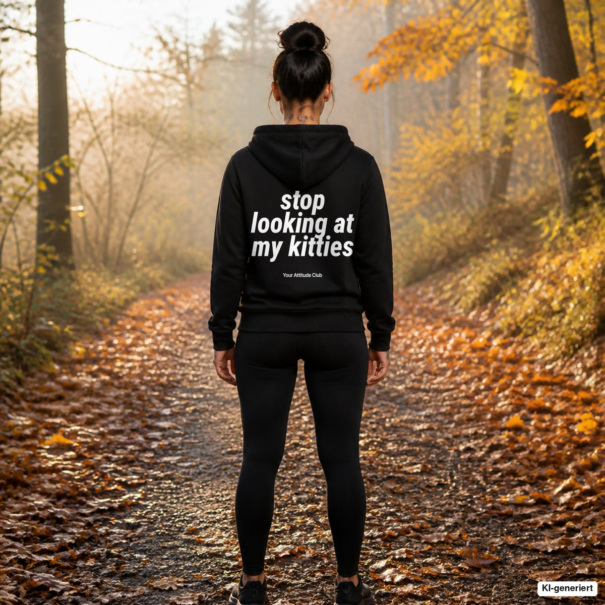 Stop Looking At My Kitties – schwarzer Hoodie mit weißem Backprint, Damen beim Joggen im Herbst