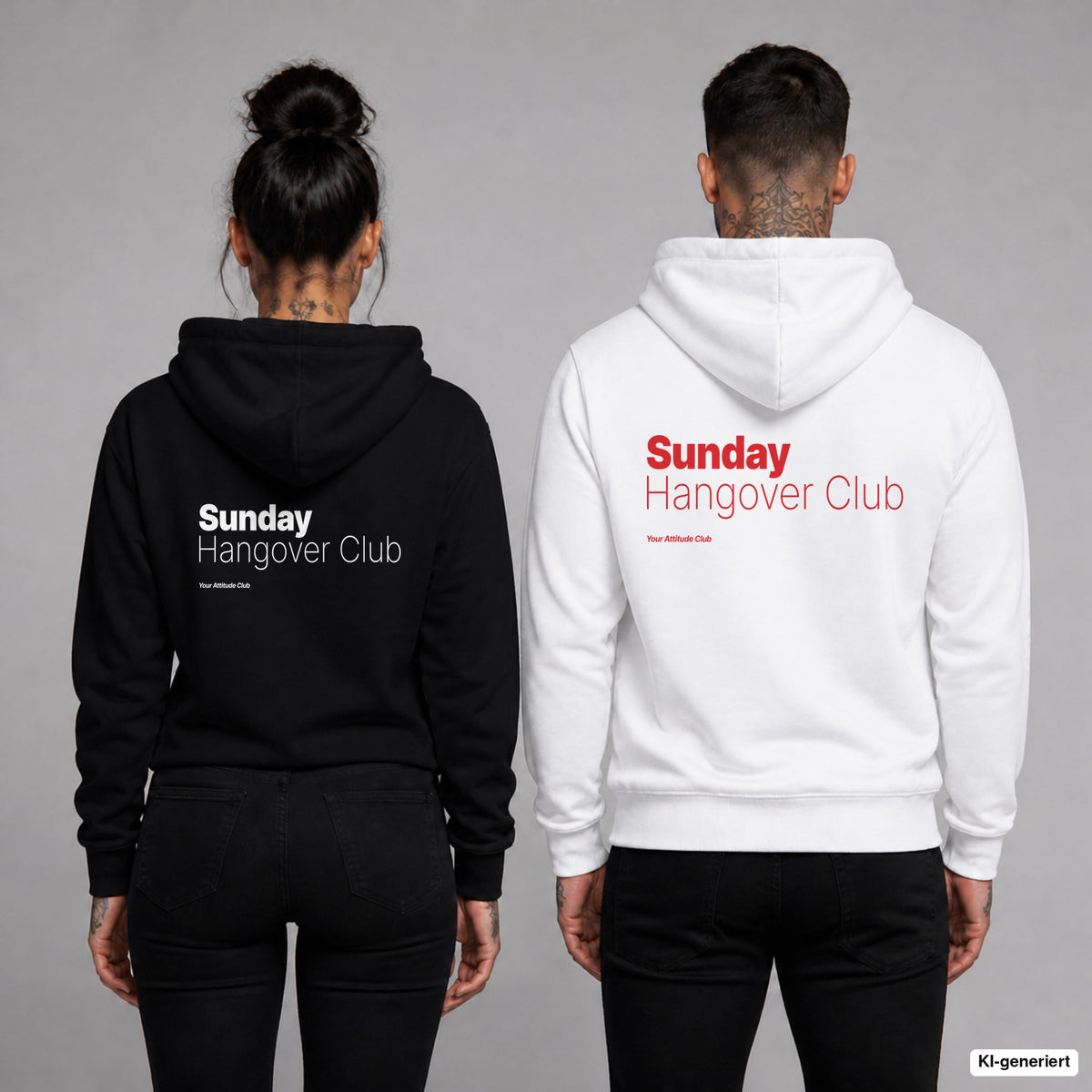Sunday Hangover Club – Hoodie mit Backprint, Frau in Schwarz und Mann in Weiß