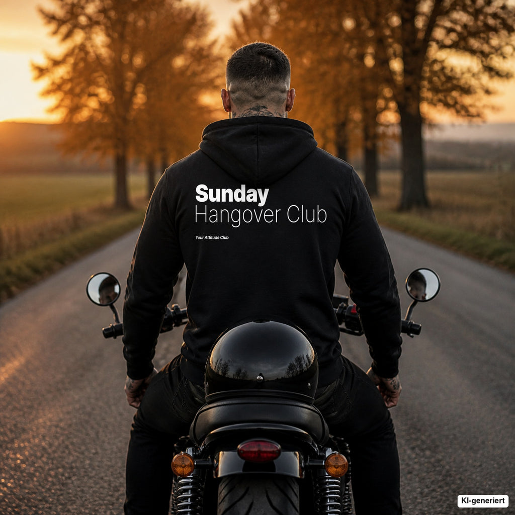 Sunday Hangover Club – schwarzer Hoodie mit weißem Backprint, Herren auf dem Motorrad