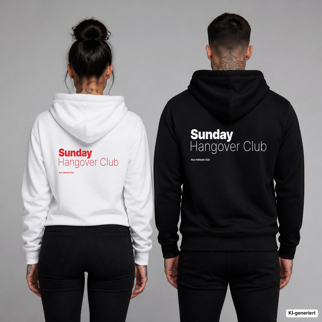 Sunday Hangover Club – Hoodie mit Backprint, Frau in Weiß mit rotem und Mann in Schwarz mit weißem Aufdruck