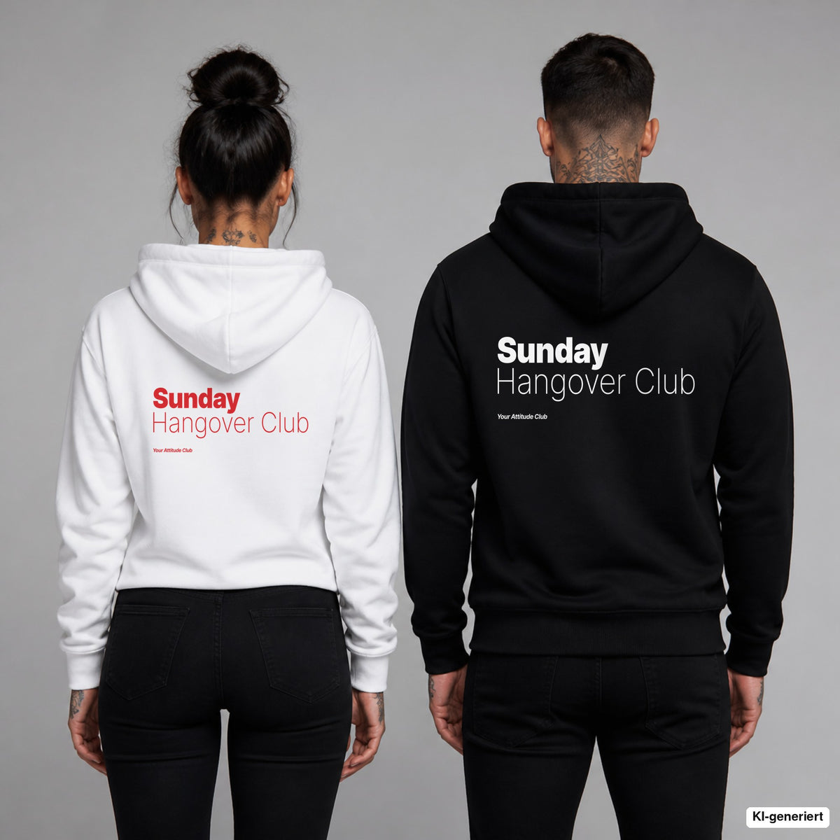 Sunday Hangover Club – Hoodie mit Backprint, Frau in Weiß mit rotem und Mann in Schwarz mit weißem Aufdruck