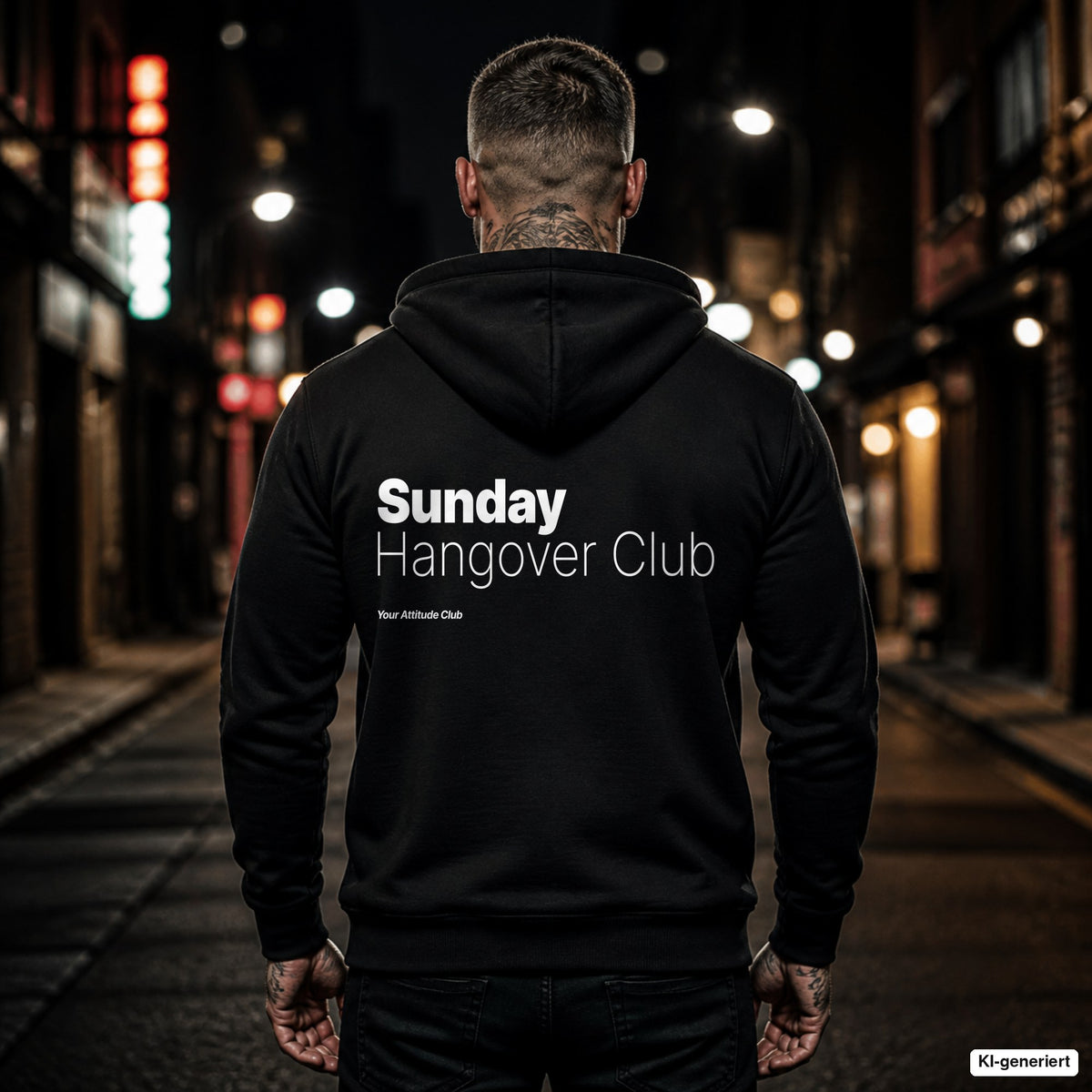 Sunday Hangover Club – schwarzer Hoodie mit weißem Backprint, Herren in der Stadt bei Nacht