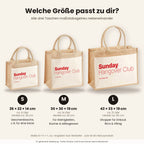 Sunday Hangover Club – Jutetasche mit Spruch, Größenvergleich klein, mittel, groß