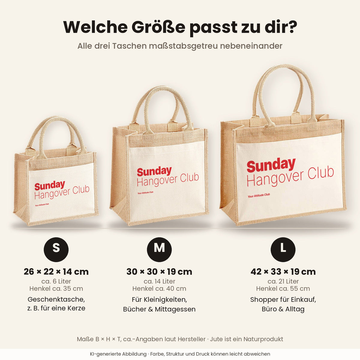 Sunday Hangover Club – Jutetasche mit Spruch, Größenvergleich klein, mittel, groß