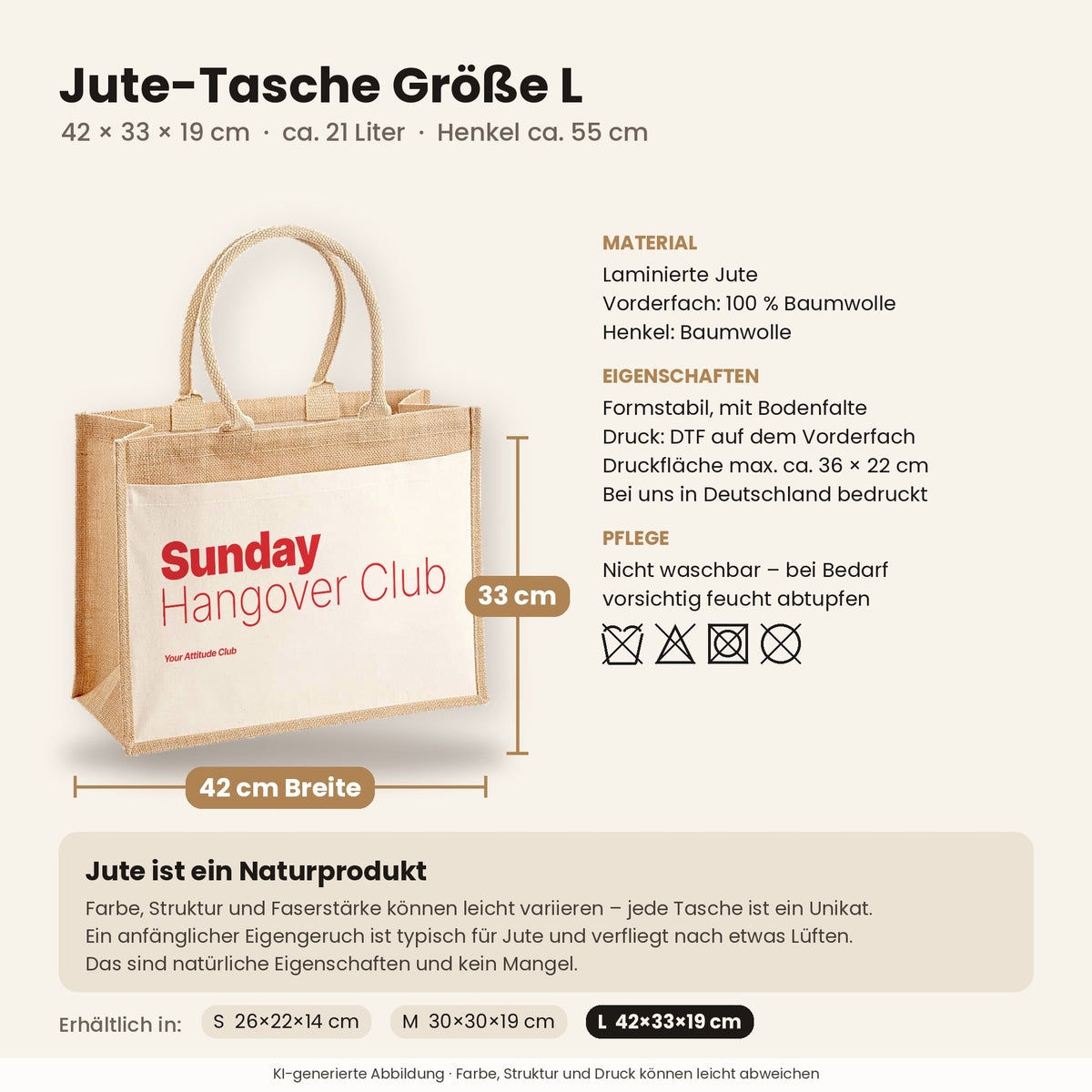 Sunday Hangover Club – Jutetasche mit Spruch, Maße, Material und Pflege