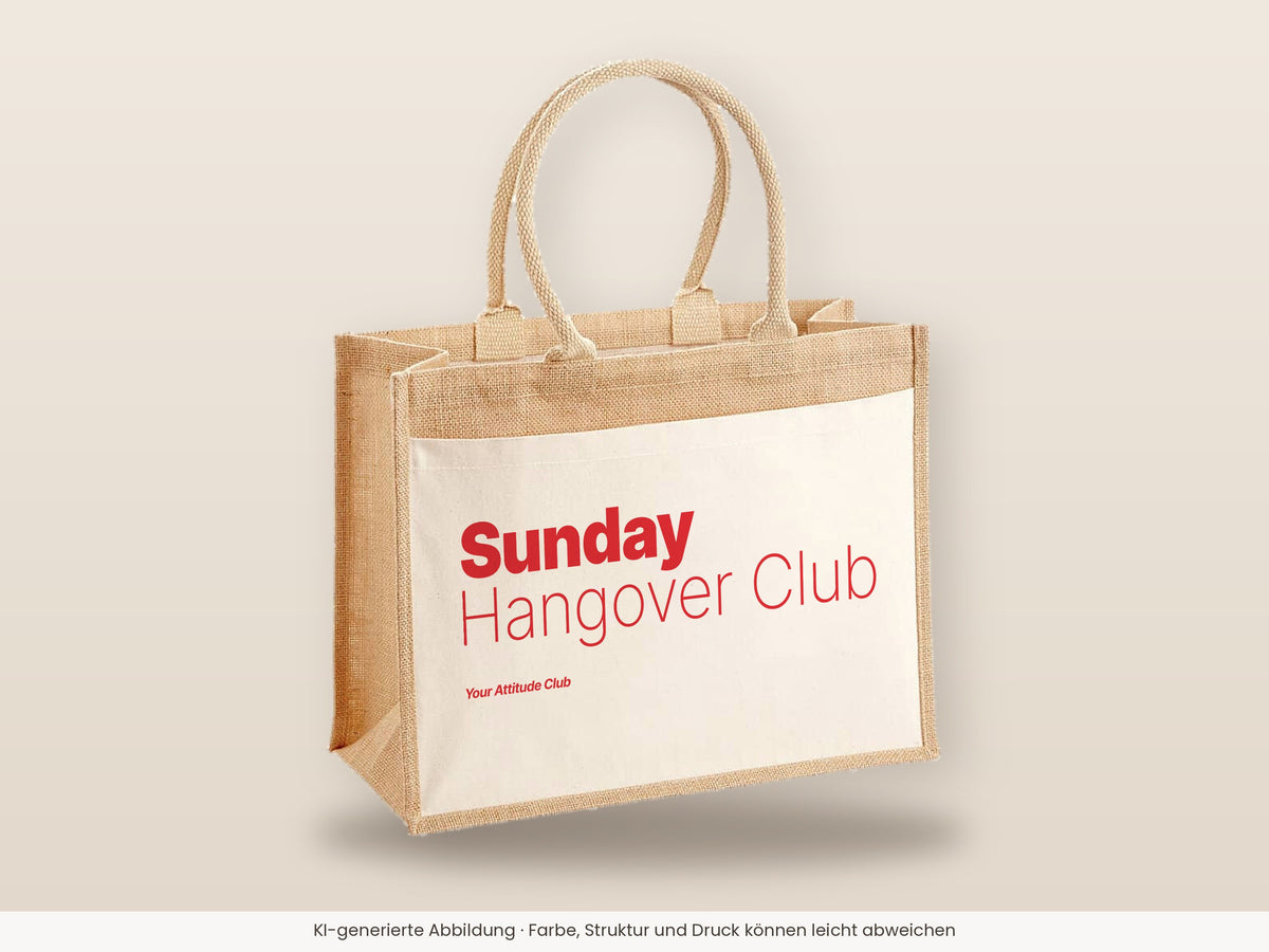 Sunday Hangover Club – Jutetasche mit Spruch, große Jutetasche, Detailansicht