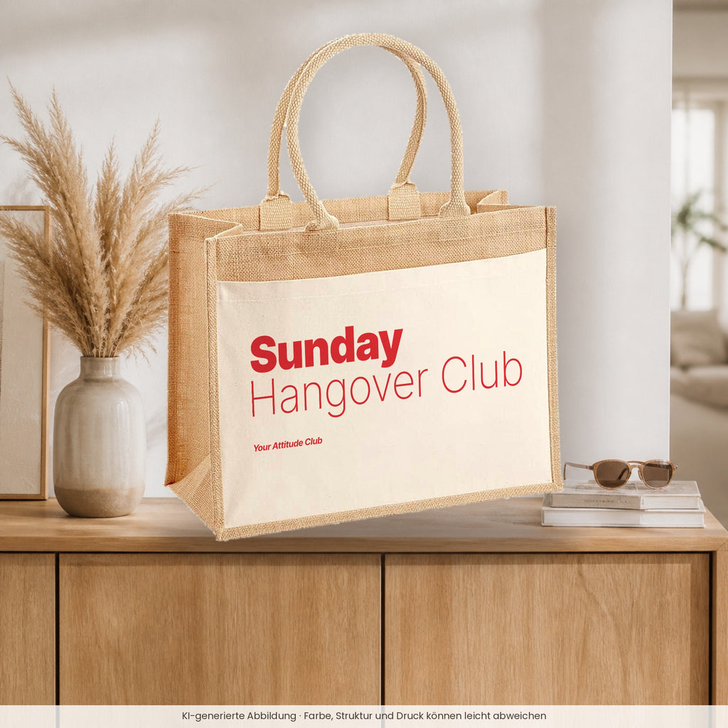 Sunday Hangover Club – Jutetasche mit Spruch, auf dem Sideboard im Flur