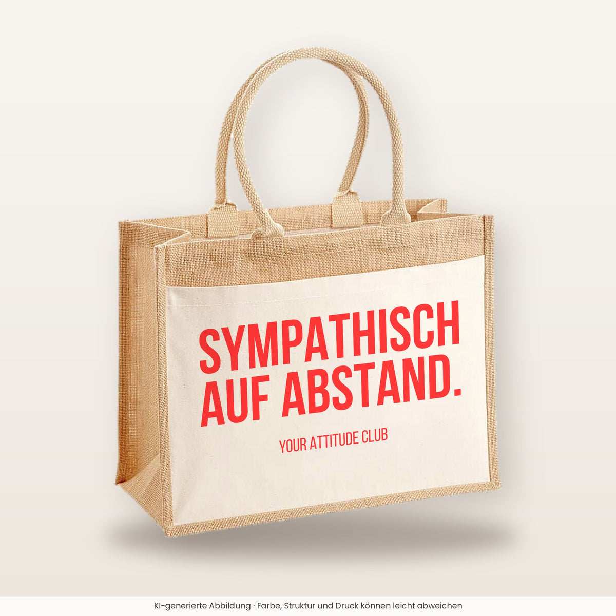 Sympathisch auf Abstand. – Jutetasche mit Spruch, große Jutetasche, Produktansicht