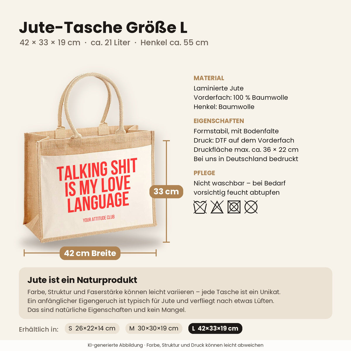 Talking shit is my love language – Jutetasche mit Spruch, Maße, Material und Pflege
