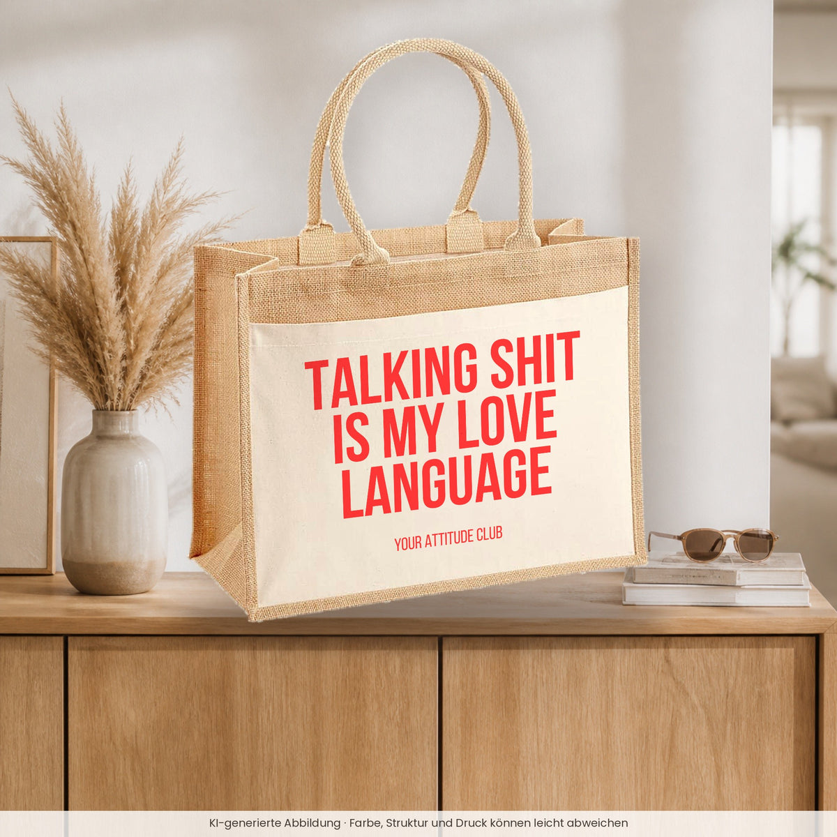 Talking shit is my love language – Jutetasche mit Spruch, auf dem Sideboard im Flur