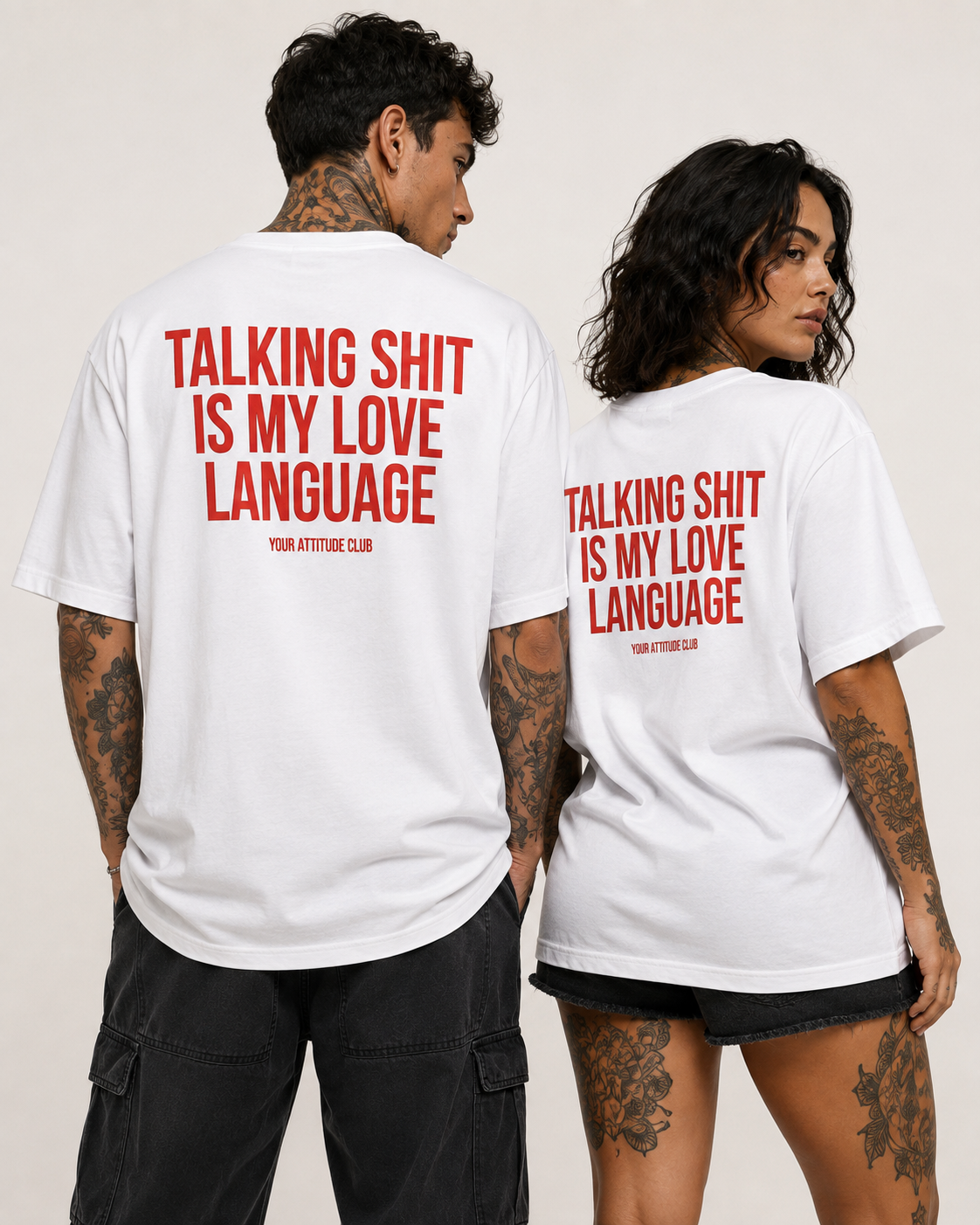 TALKING SHIT IS MY LOVE LANGUAGE – Unisex Oversize T-Shirt mit Backprint, lustiges Statement Shirt, Streetwear Geschenk für Frauen und Männer