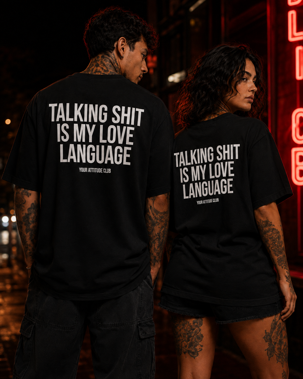 TALKING SHIT IS MY LOVE LANGUAGE – Unisex Oversize T-Shirt mit Backprint, lustiges Statement Shirt, Streetwear Geschenk für Frauen und Männer