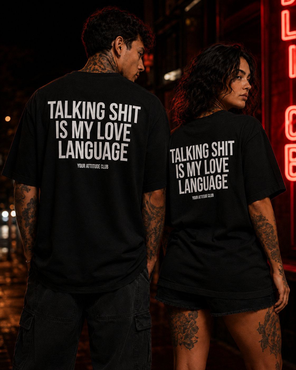 TALKING SHIT IS MY LOVE LANGUAGE – Unisex Oversize T-Shirt mit Backprint, lustiges Statement Shirt, Streetwear Geschenk für Frauen und Männer