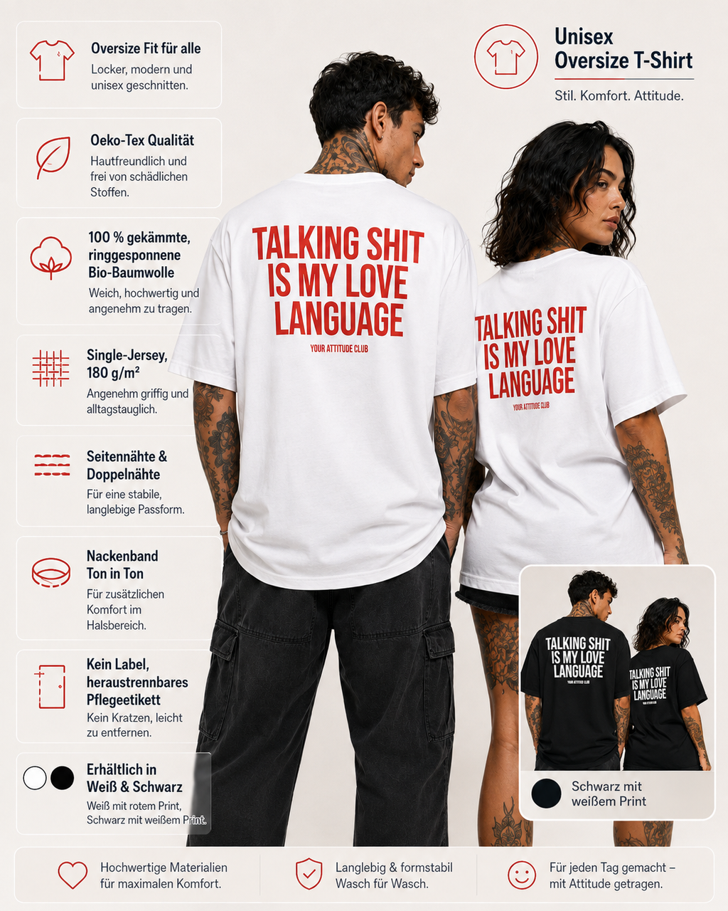 TALKING SHIT IS MY LOVE LANGUAGE – Unisex Oversize T-Shirt mit Backprint, lustiges Statement Shirt, Streetwear Geschenk für Frauen und Männer