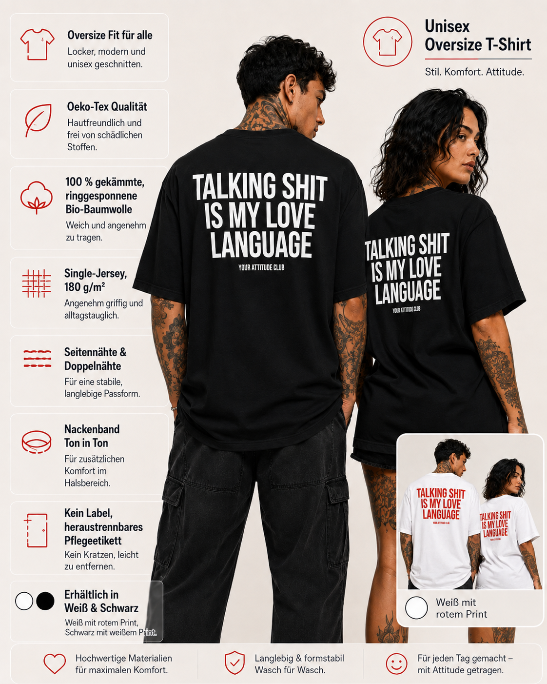 TALKING SHIT IS MY LOVE LANGUAGE – Unisex Oversize T-Shirt mit Backprint, lustiges Statement Shirt, Streetwear Geschenk für Frauen und Männer