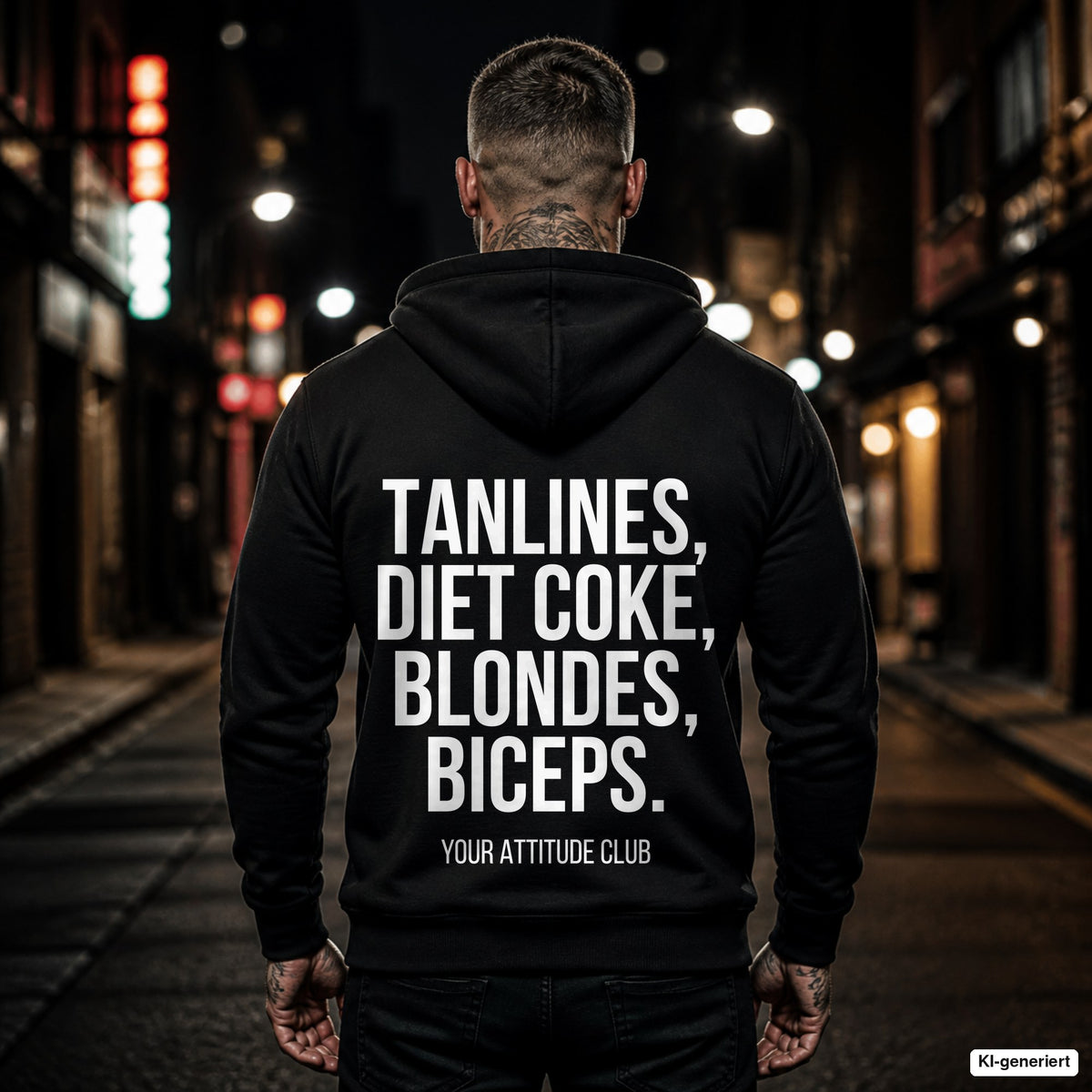 Tanlines, Diet Coke, blondes, biceps – schwarzer Hoodie mit weißem Backprint, Herren in der Stadt bei Nacht