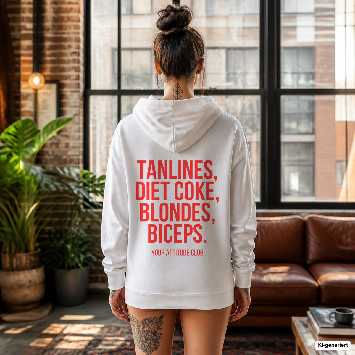 Tanlines, Diet Coke, blondes, biceps – weißer Hoodie mit rotem Backprint, Damen im Loft