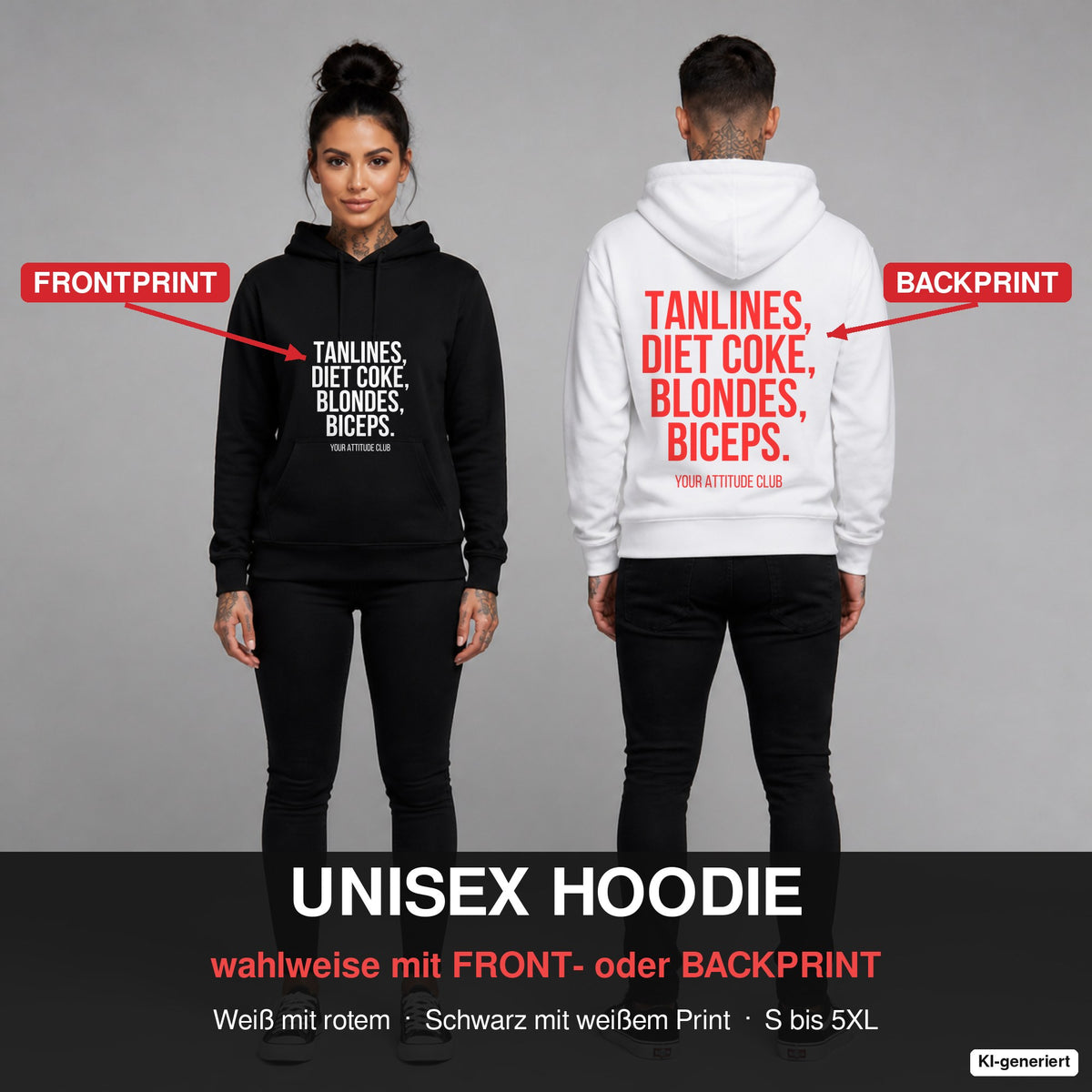 Tanlines, Diet Coke, blondes, biceps – Hoodie wahlweise mit Frontprint oder Backprint – Frau vorne in Schwarz, Mann hinten in Weiß