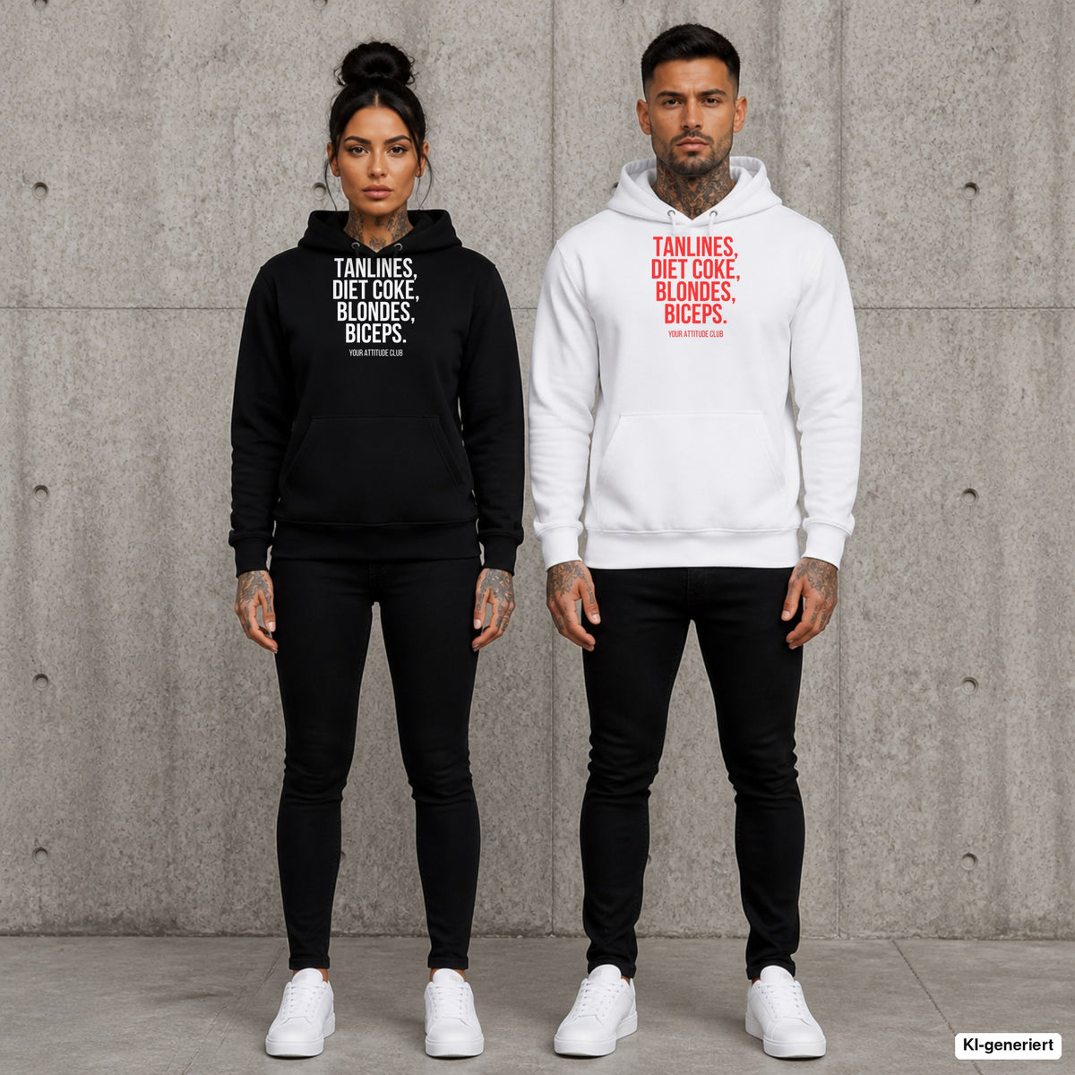Tanlines, Diet Coke, blondes, biceps – Hoodie mit Frontprint, Frau in Schwarz und Mann in Weiß vor Betonwand