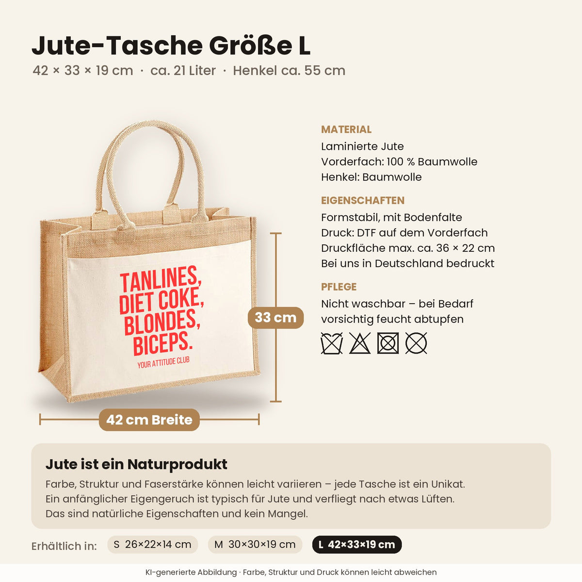 Tanlines, Diet Coke, blondes, biceps. – Jutetasche mit Spruch, Maße, Material und Pflege