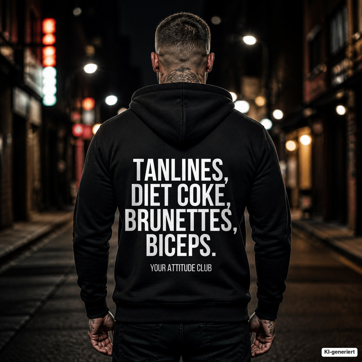 Tanlines, Diet Coke, brunettes, biceps – schwarzer Hoodie mit weißem Backprint, Herren in der Stadt bei Nacht