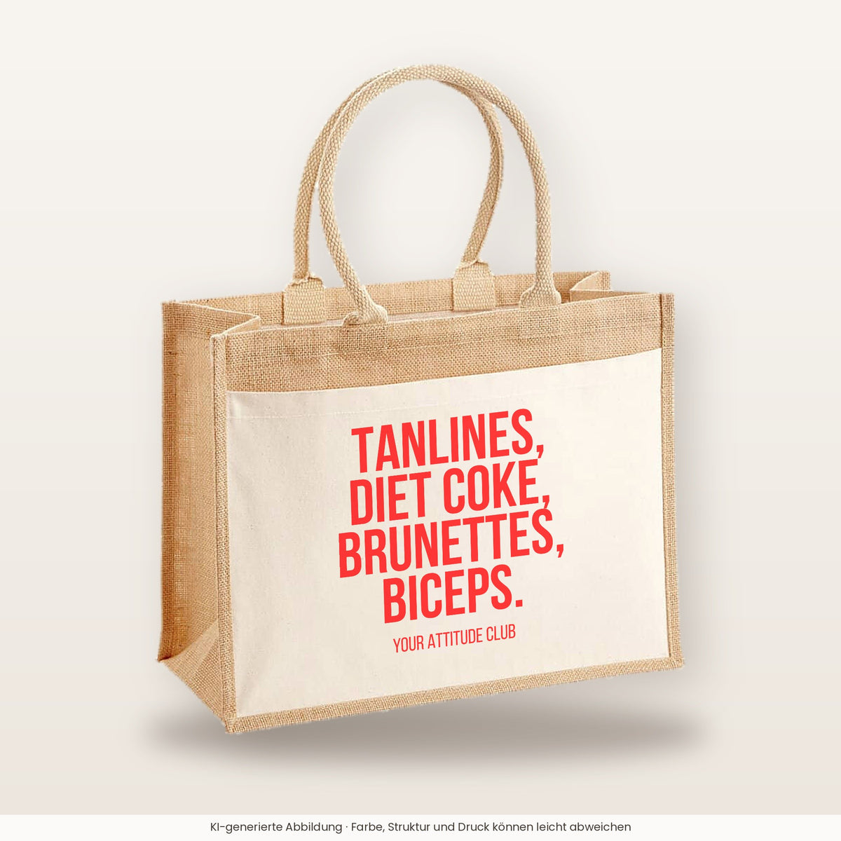 Tanlines, Diet Coke, brunettes, biceps. – Jutetasche mit Spruch, große Jutetasche, Produktansicht
