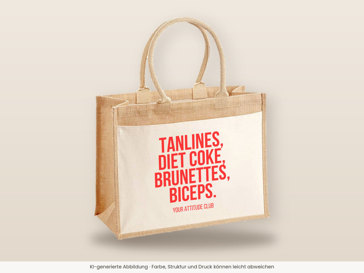 Tanlines, Diet Coke, brunettes, biceps. – Jutetasche mit Spruch, große Jutetasche, Detailansicht